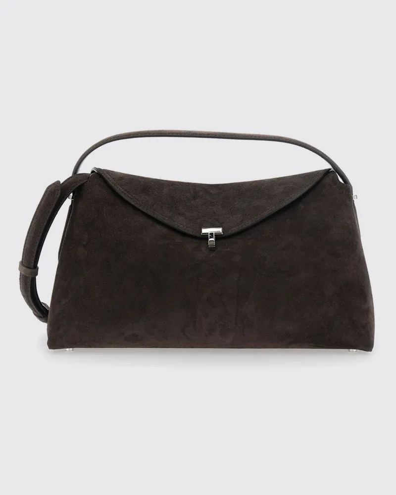 Totême Schultertasche T-Lock aus Veloursleder mit Monogramm Braun