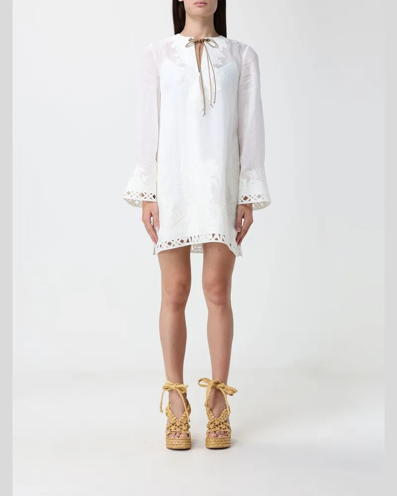 Zimmermann Bestickte langärmelige Mini-Tunika aus Ramie mit Spitzeneinsätzen Ivory