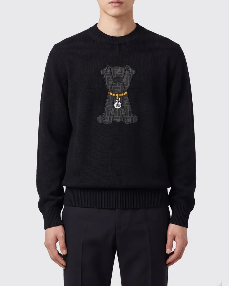 Fendi Pullover aus Schurwolle mit Rundhalsausschnitt und durchgehender FF-Monogramm-Stickerei Schwarz