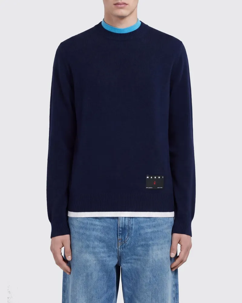 Marni Slim Fit Pullover aus Kaschmir mit Kontrastbesatz Blau