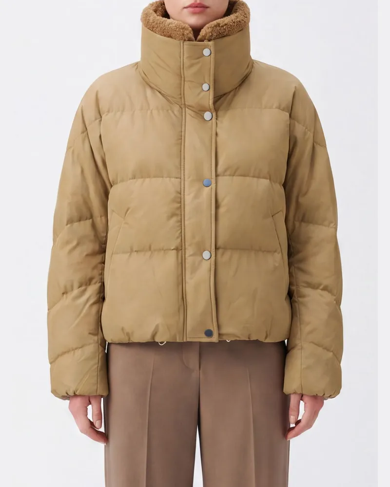 Brunello Cucinelli Kurze gesteppte Daunenjacke von aus Baumwolle mit Pelzkragen Haselnuss