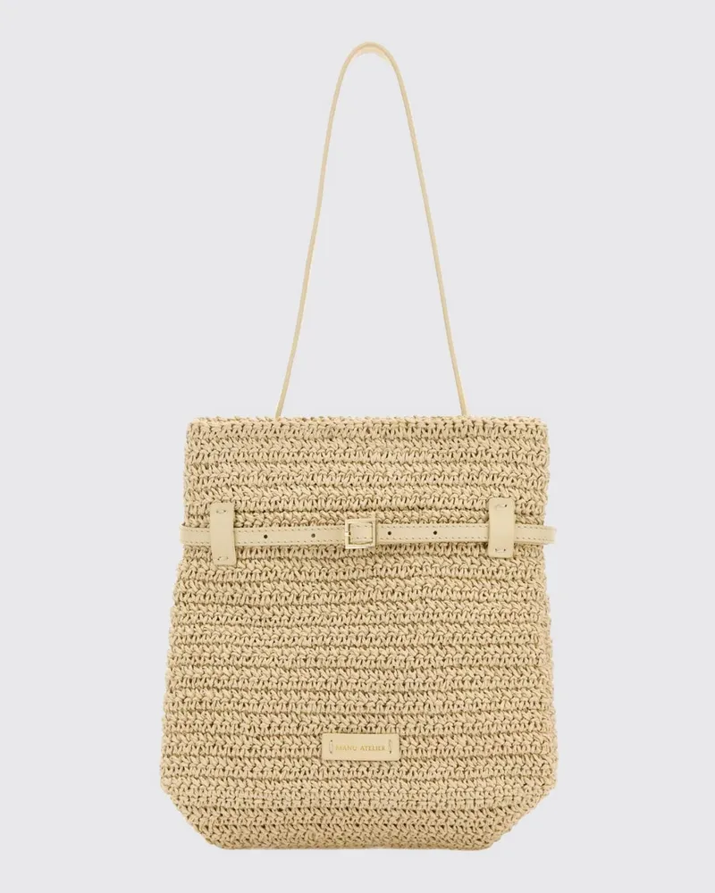 Manu Atelier Du Jour Schultertasche aus gehäkeltem Bast mit Lederhenkel Ecru