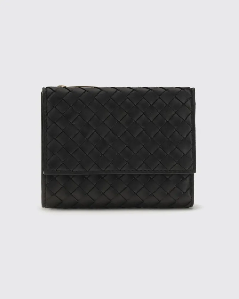 Bottega Veneta Trifold-Geldbörse aus geflochtenem Lammleder Schwarz