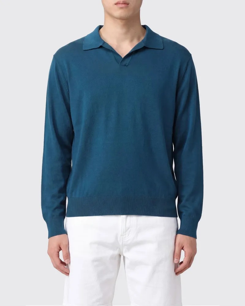 Roberto Collina Langärmeliges Poloshirt aus Baumwollmisch-Strick Petroleum