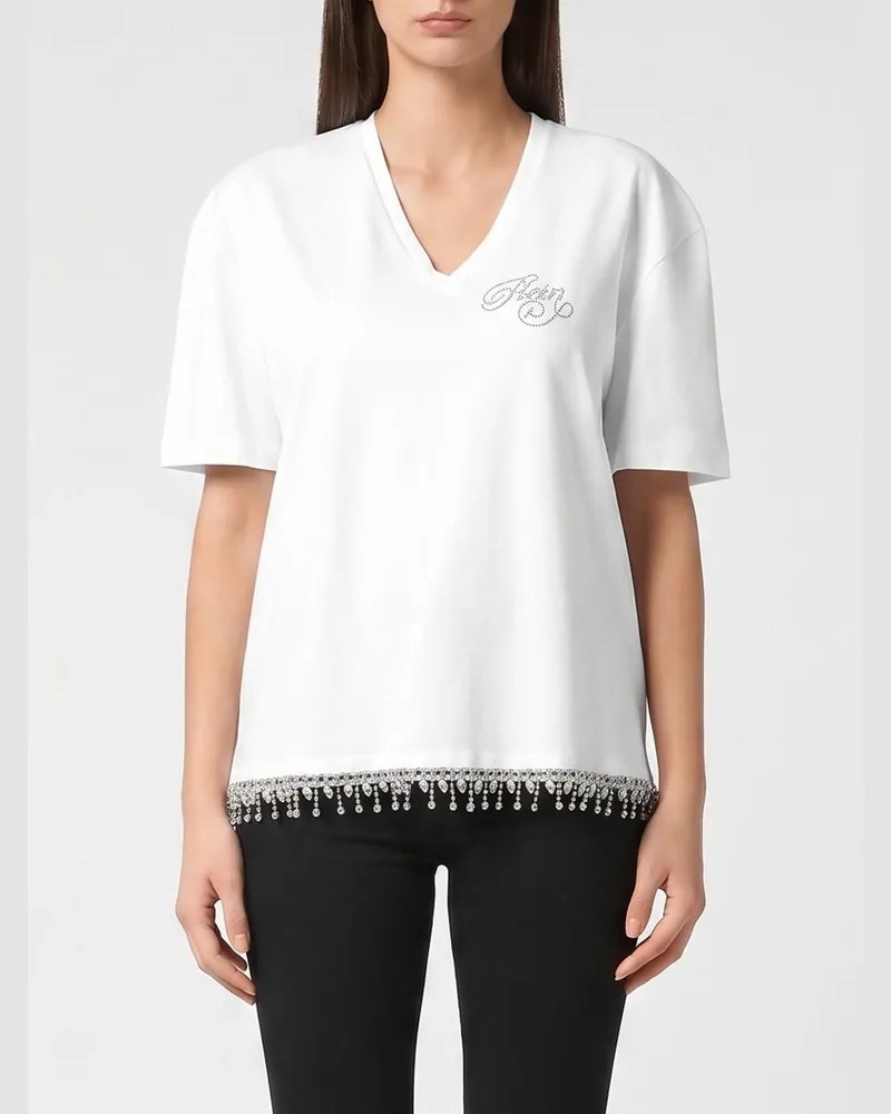Philipp Plein Baumwoll-T-Shirt mit V-Ausschnitt, Strass-Logo und Fransen-Saum Weiß
