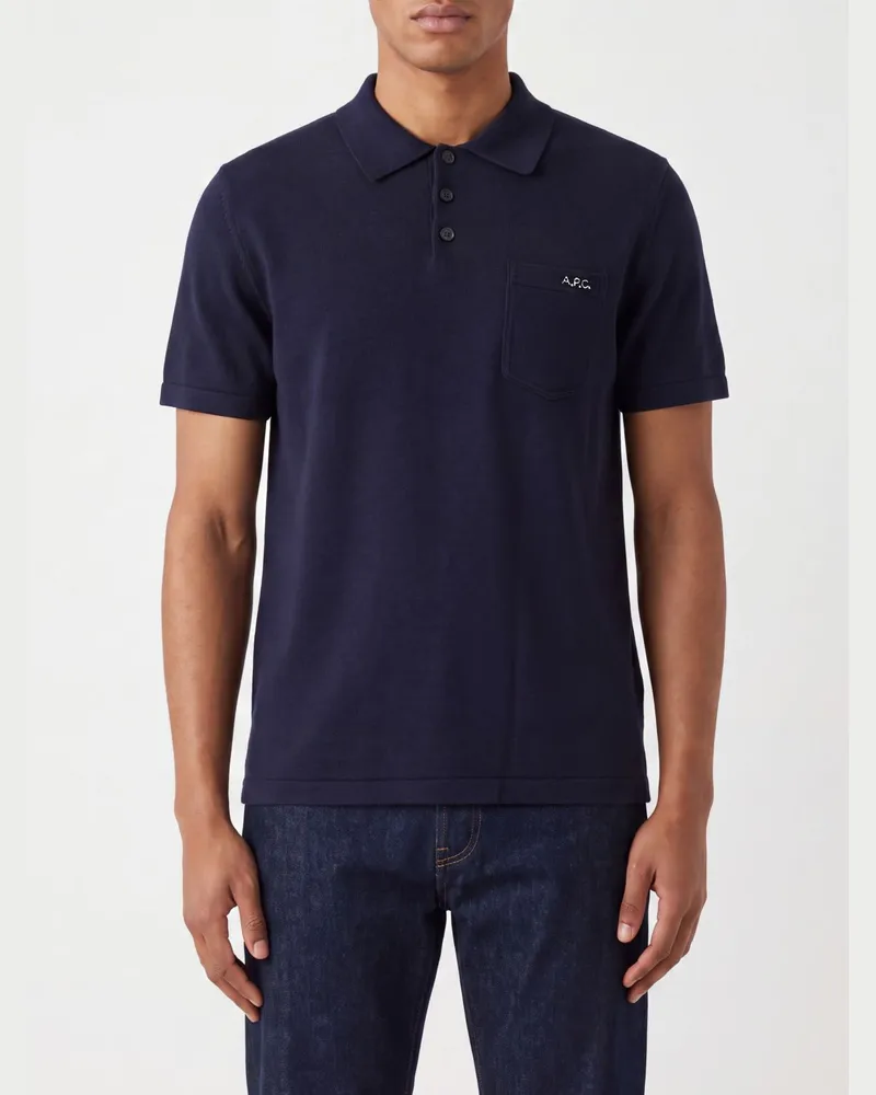 A.P.C. Kurzärmeliges Poloshirt aus reiner Schurwolle mit aufgesetzter Tasche Blau