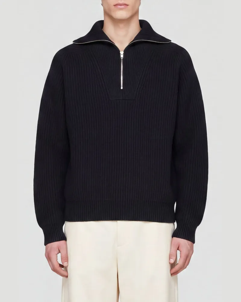 Jil Sander Pullover mit hohem Kragen und halbem Reißverschluss aus reiner Wolle Schwarz