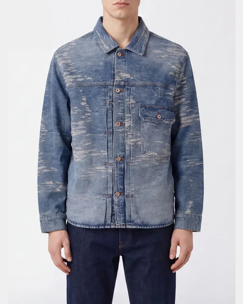 Emporio Armani Hemdjacke aus Distressed-Denim mit aufgesetzten Taschen Blau