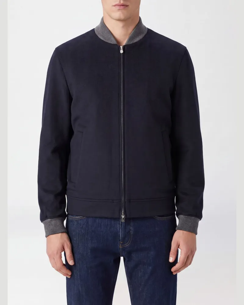 Brunello Cucinelli Bomberjacke aus reinem Kaschmir mit geripptem Kragen Blau