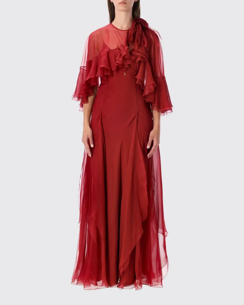 Alberta Ferretti Langes Abendkleid aus Seidenchiffon von mit Rüschen Rot