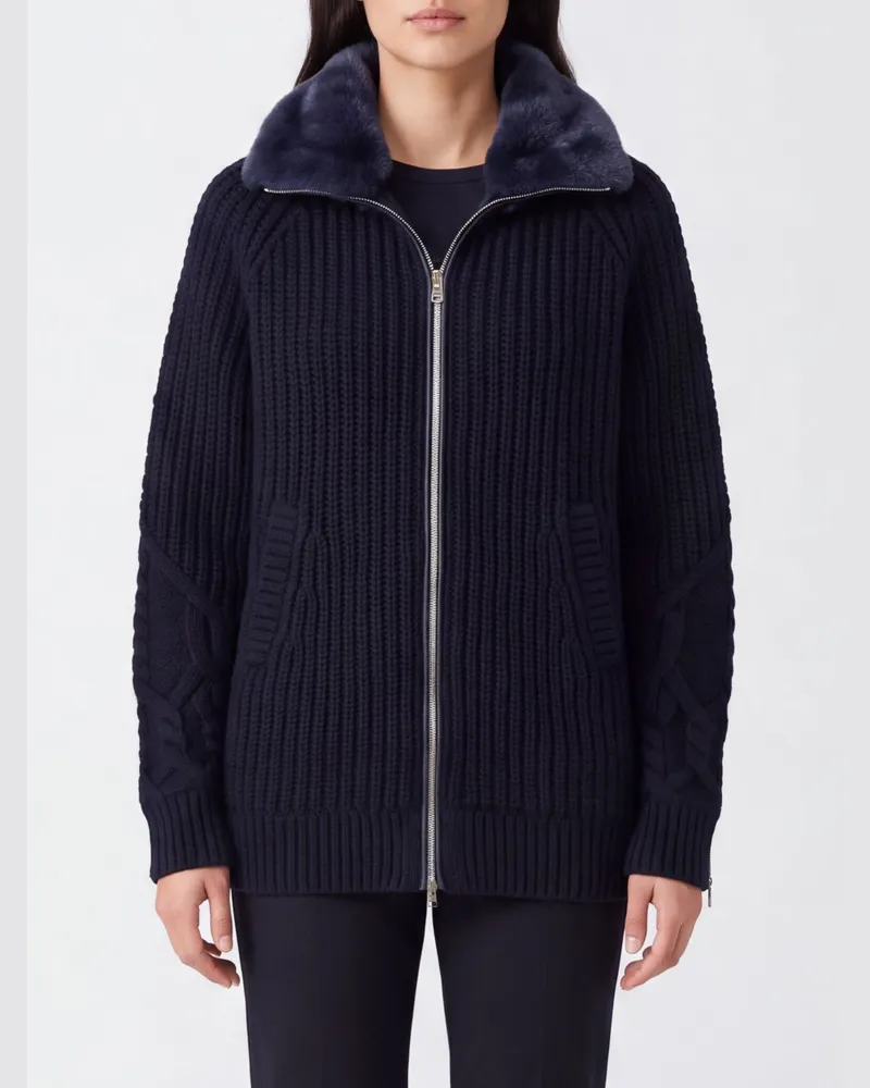 Herno Cardigan aus Merinowolle mit Kunstpelzkragen Navy