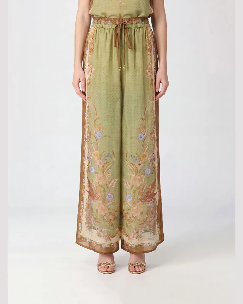 Zimmermann Indra High-Waist-Palazzohose aus Seide mit Blumendruck Kaki