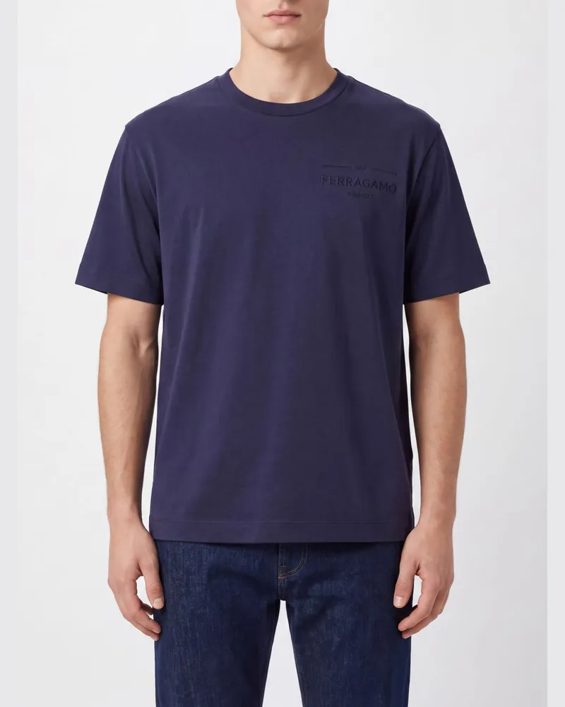 Ferragamo Baumwoll-T-Shirt mit Rundhalsausschnitt und Kontrastlogo Navy