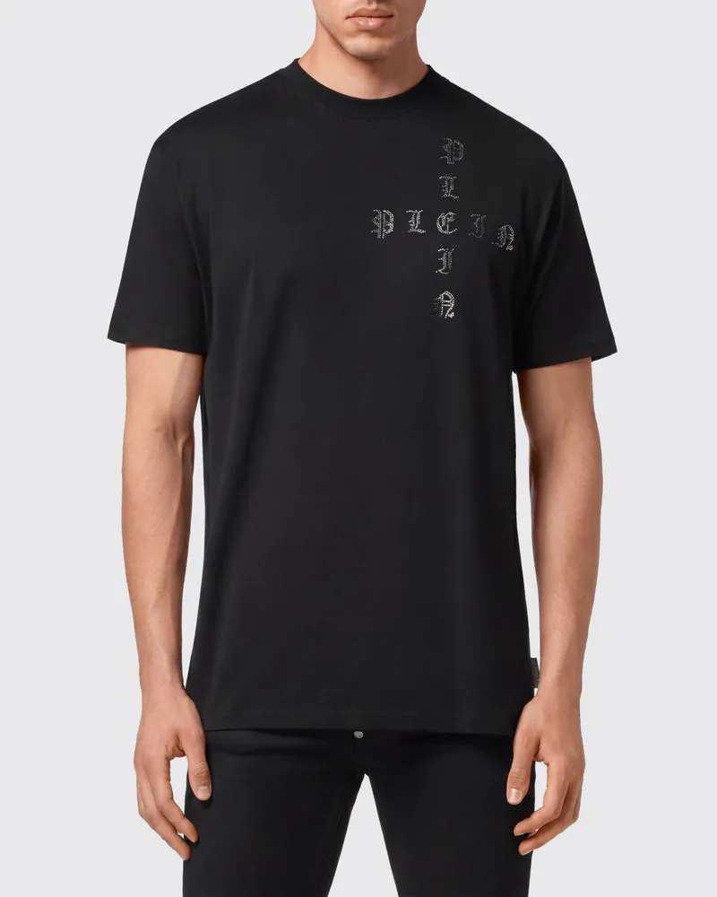 Philipp Plein Baumwoll-Rundhals-T-Shirt mit Strass-Logo-Schriftzug Schwarz