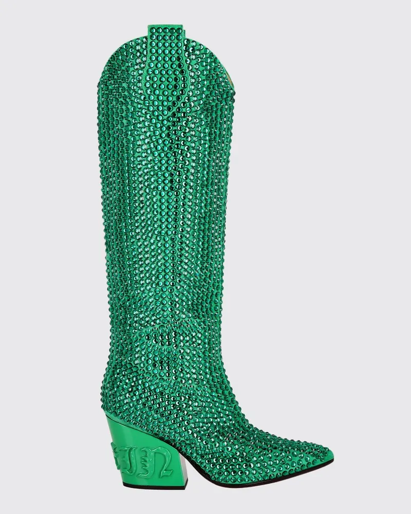 Philipp Plein Kniehohe Texanerstiefel aus Veloursleder mit Stickerei und Swarovski-Kristallen Grün