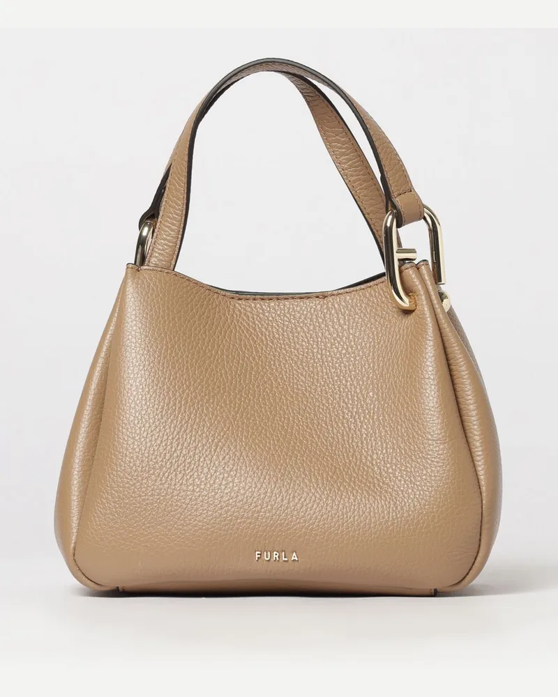 Furla Kleine Poppy Schultertasche aus Leder mit doppeltem Henkel und Quasten Beige