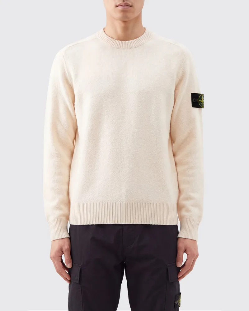 Stone Island Rundhalspullover aus Schurwolle mit Compass-Logoaufnäher Ivory
