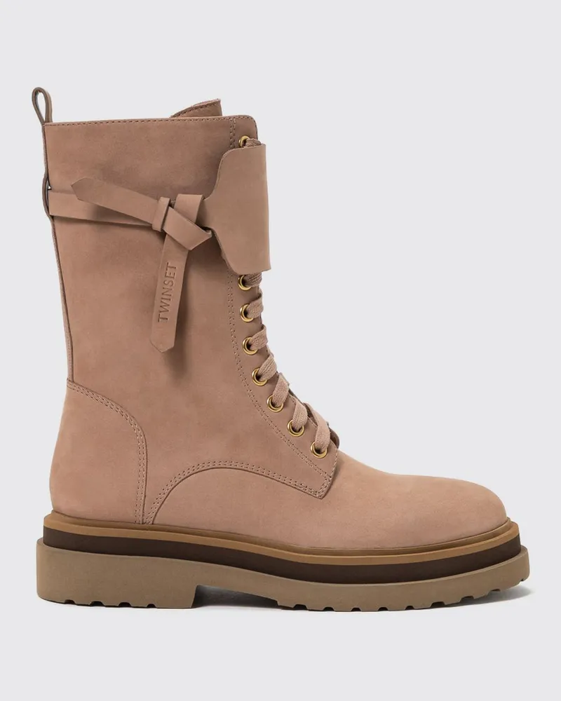 Twin-Set Combat Boots aus Veloursleder mit Profilsohle und seitlichem Reißverschluss Beige