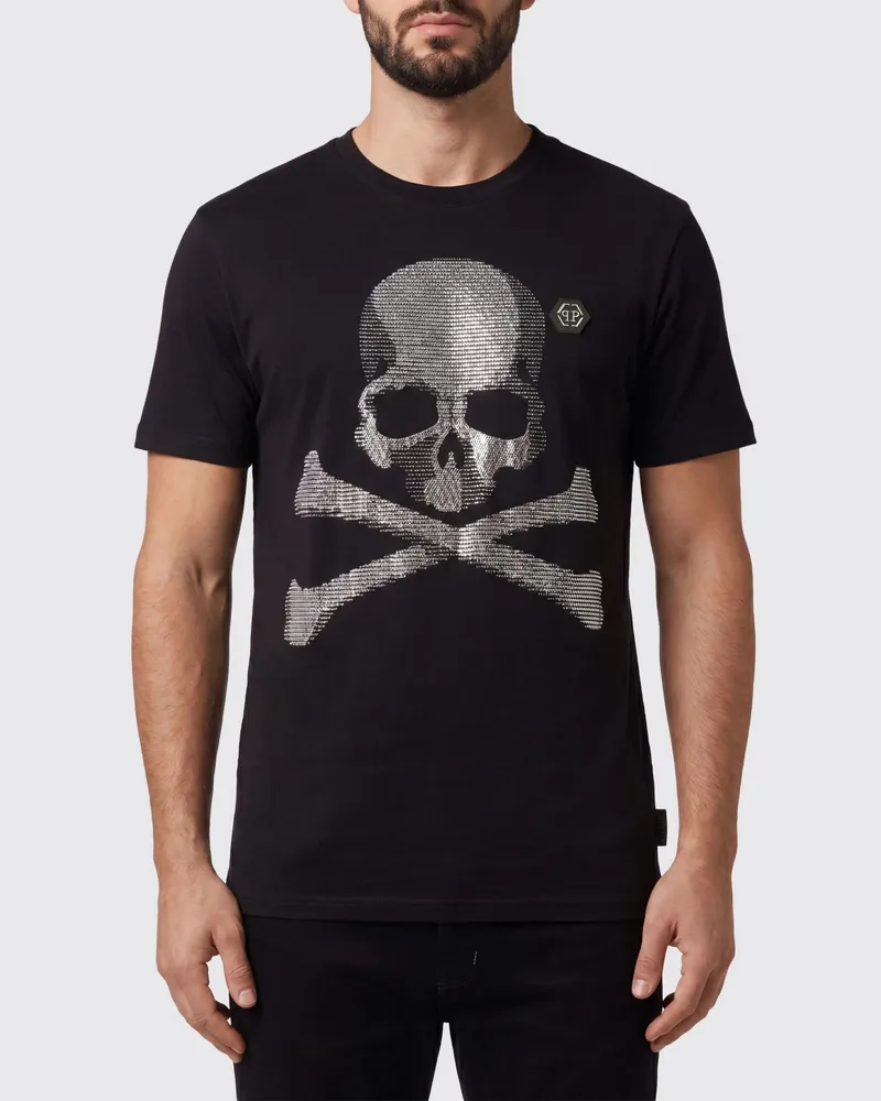 Philipp Plein Kurzärmeliges Baumwoll-T-Shirt mit Totenkopf-Print Schwarz