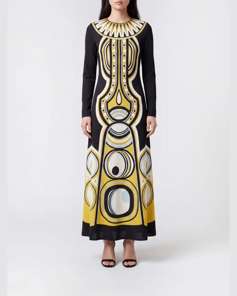 La DoubleJ A-Linien-Midikleid mit ethnischem Print und langen Ärmeln Bunt