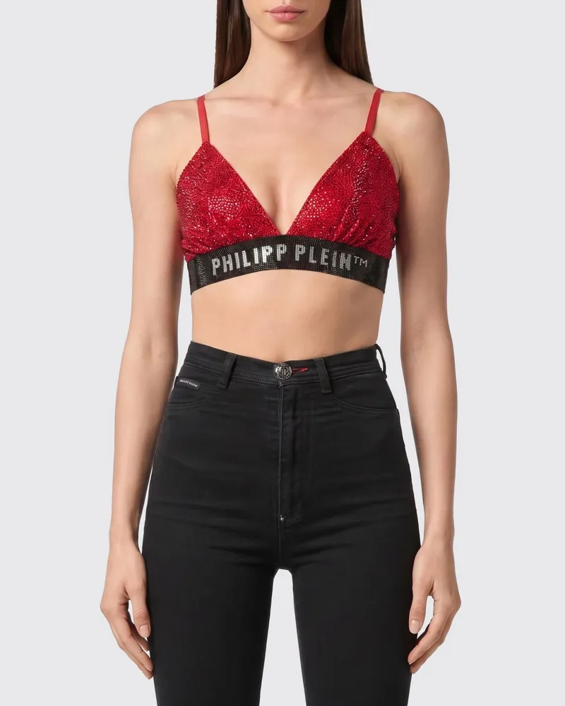 Philipp Plein Gekürztes Top mit schmalen Trägern und Strass-Logo Amarant