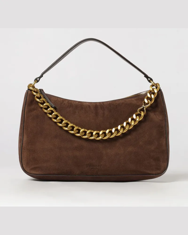 Twin-Set Liliane Schultertasche aus Wildleder mit Details aus Metallgewebe Kaffee