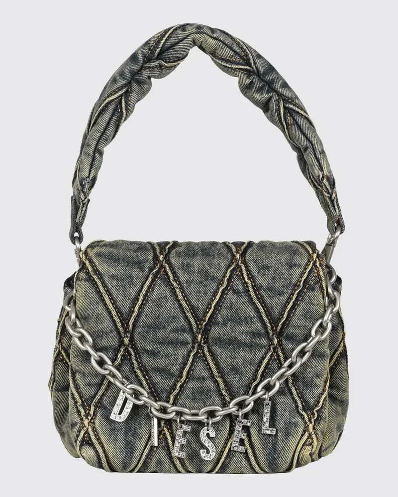 Diesel Charm-D Schultertasche aus Denim mit Strass-Logo und Anhänger Blau