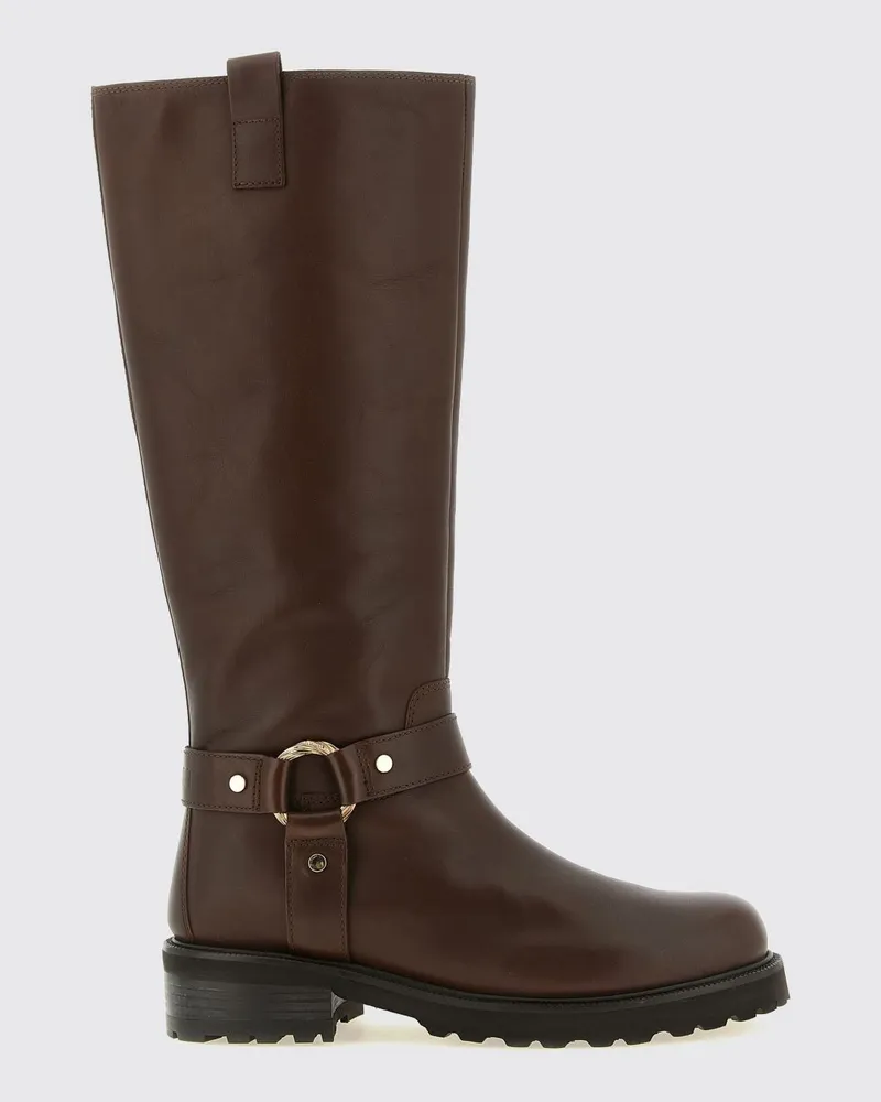 Twin-Set Kniehohe Leder-Biker-Stiefel mit Profilsohle Braun