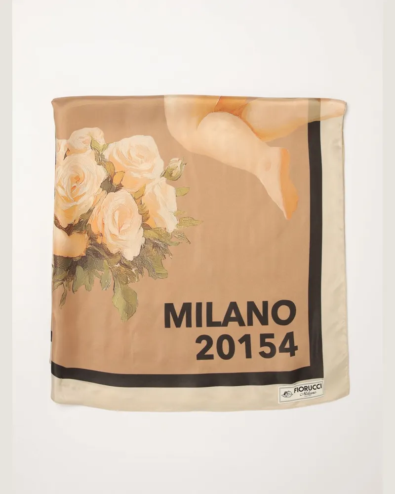 Fiorucci Quadratisches Seidenmischgewebe-Tuch mit Blumen- und Logodruck Braun