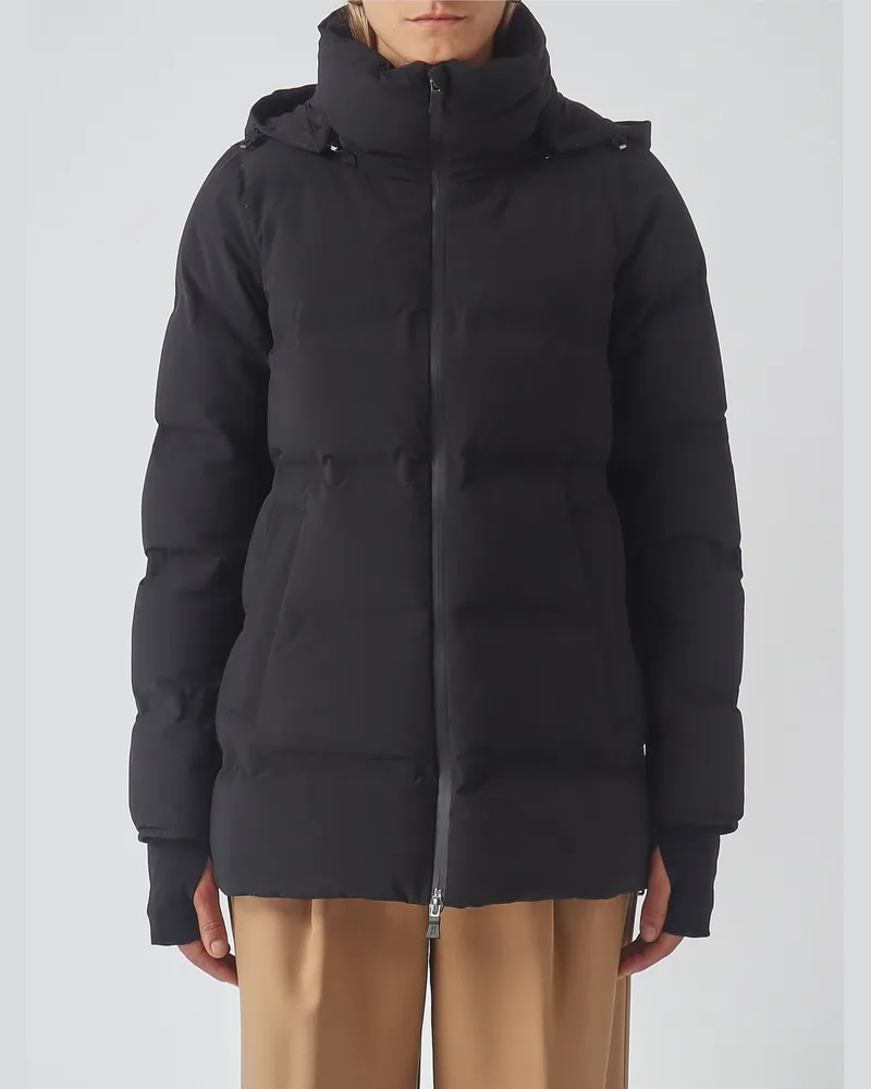 Herno Kurze A-Shape Daunenjacke aus gestepptem Nylon mit abnehmbarer Kapuze Schwarz