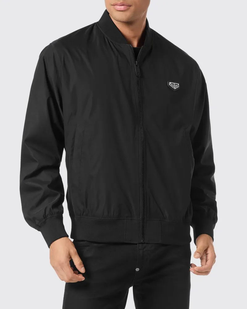 Philipp Plein Leichte Nylon-Bomberjacke mit ikonischem Kragen und Logo Schwarz