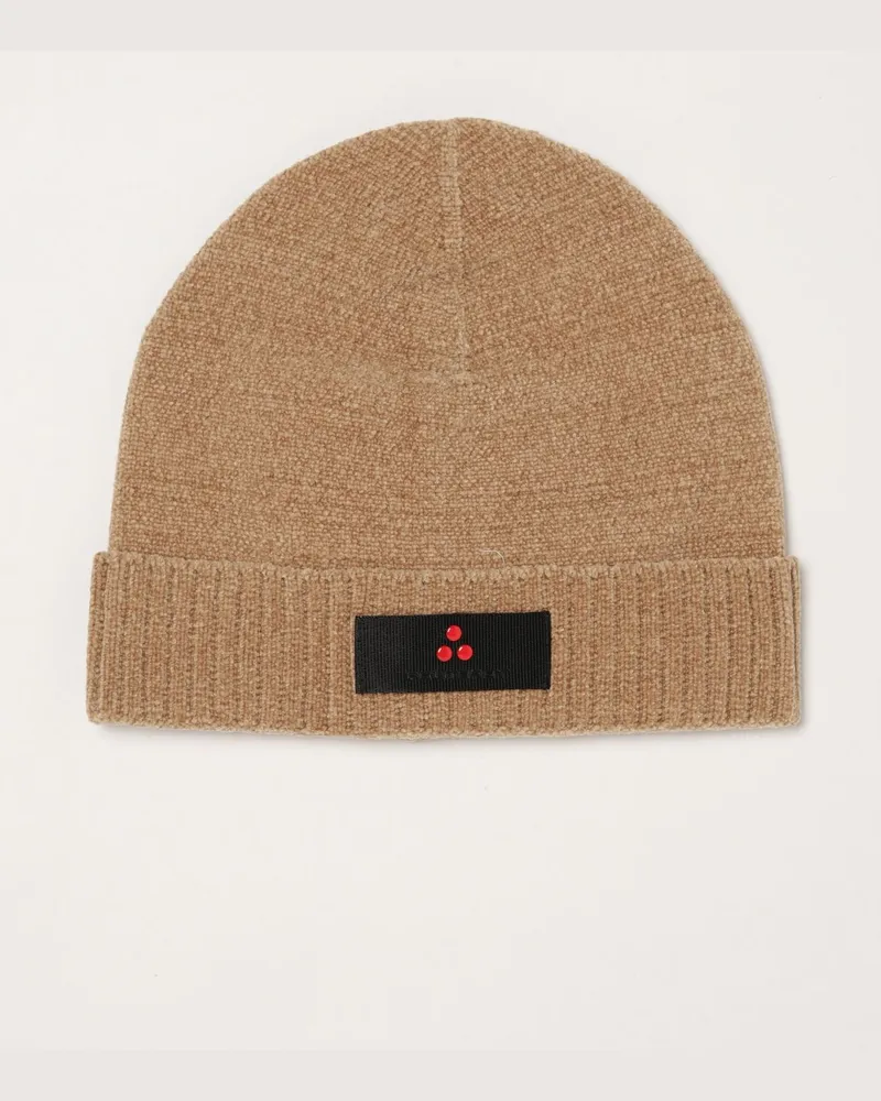 Peuterey Beanie-Mütze aus Funktionsgewebe mit Umschlag und Logo-Applikation Beige