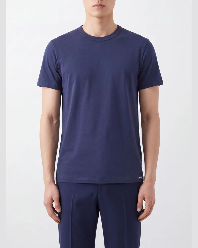 Tom Ford Rundhals-T-Shirt aus Stretch-Baumwolle mit kurzen Ärmeln und geradem Saum Blau