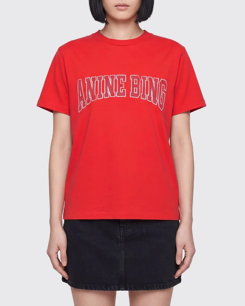 Anine Bing Baumwoll-T-Shirt mit Rundhalsausschnitt und kontrastierendem Logo Rot