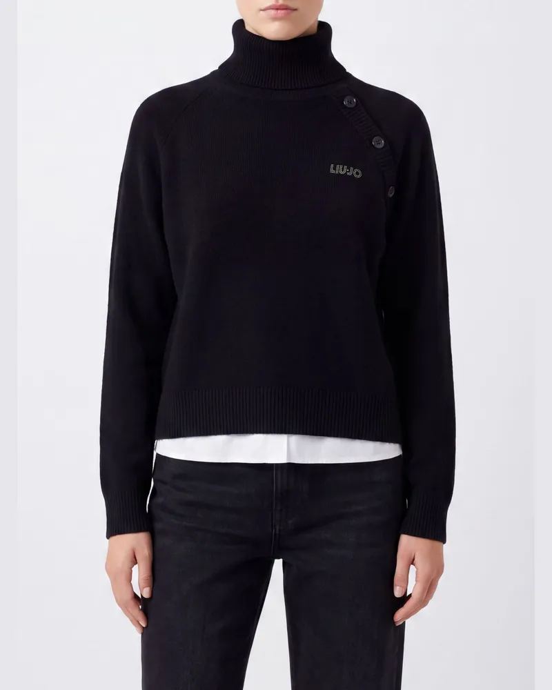 Liu Jo Rollkragenpullover von aus Wolle und Baumwolle mit Schulterknöpfen und Kontrastlogo Schwarz