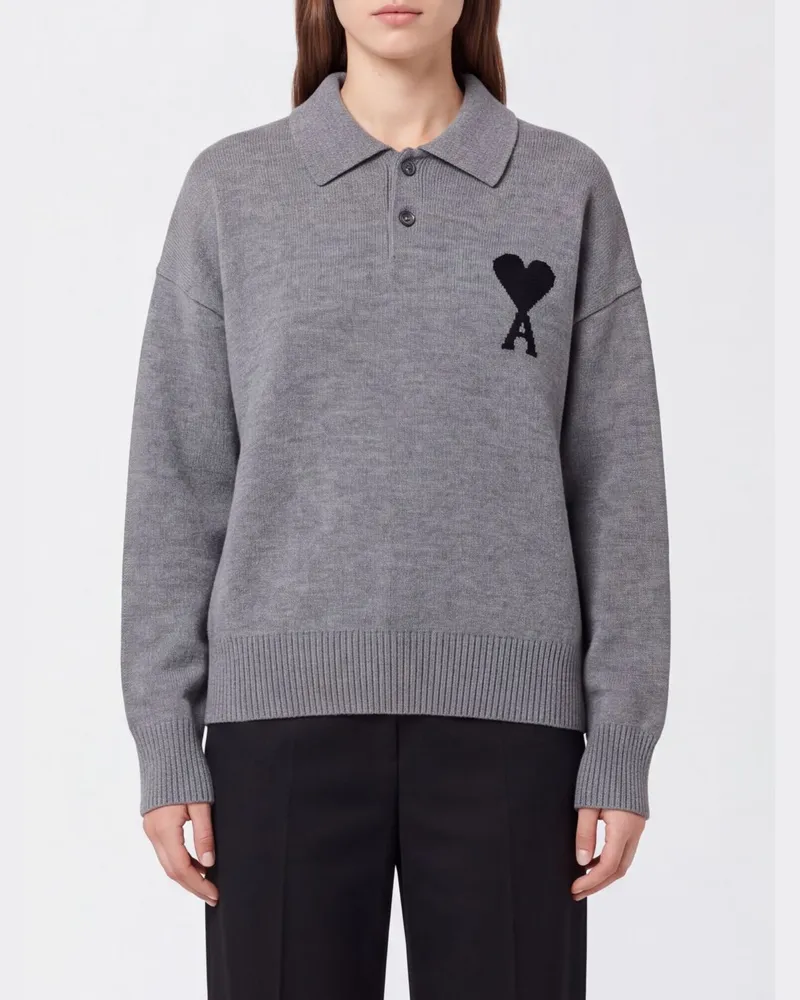 AMI Paris Langärmeliges Strick-Poloshirt aus Baumwolle mit Ami de Coeur-Logo Beige