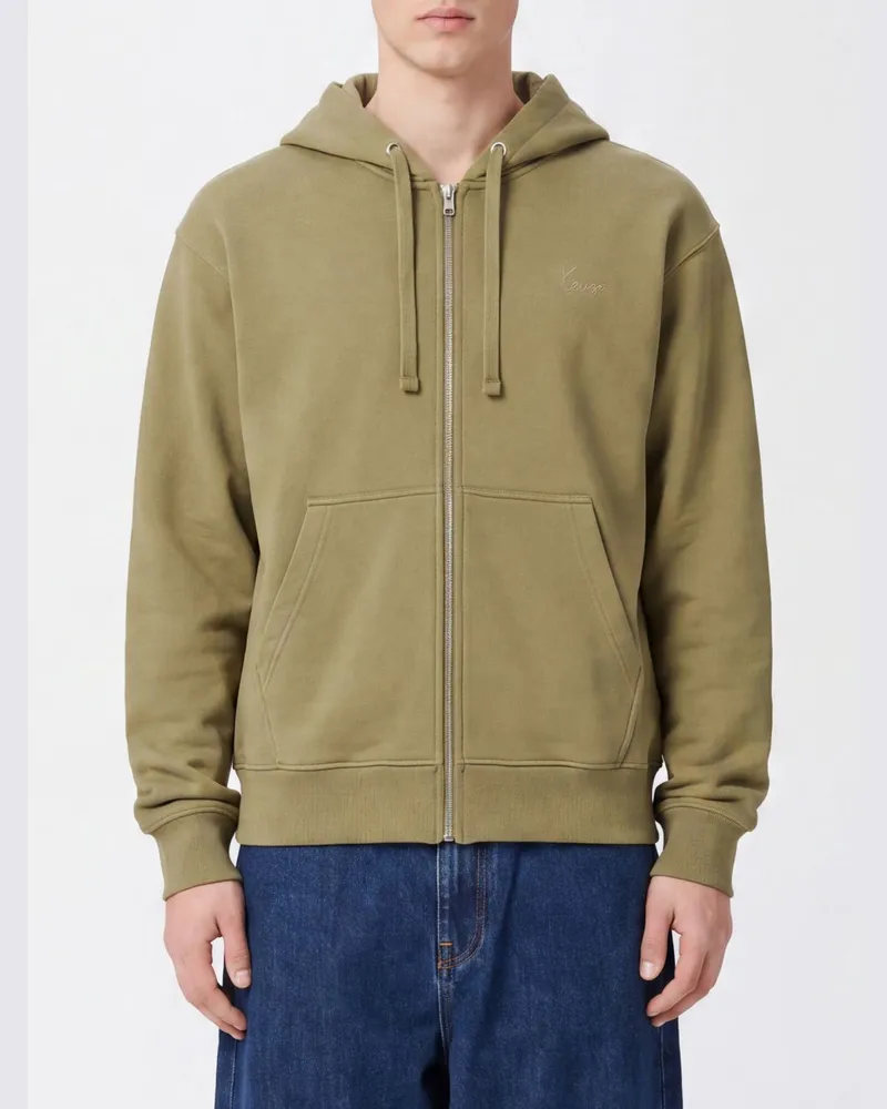 Kenzo Baumwoll-Kapuzenjacke mit Reißverschluss und Kordelzug Kaki