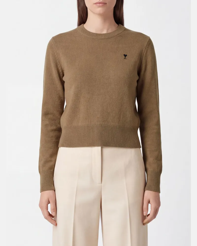 AMI Paris Slim-Fit-Pullover aus Merinowolle mit gesticktem Ami de Coeur-Logo Camel