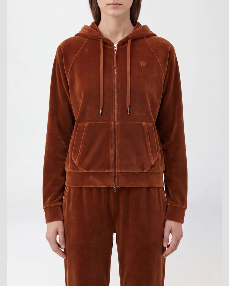 Tom Ford Kapuzenjacke aus Baumwollsamt mit Reißverschluss und gesticktem Logo Haselnuss