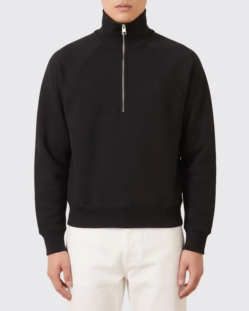 AMI Paris Sweatshirt aus reiner Baumwolle mit Stehkragen und halbem Reißverschluss Schwarz