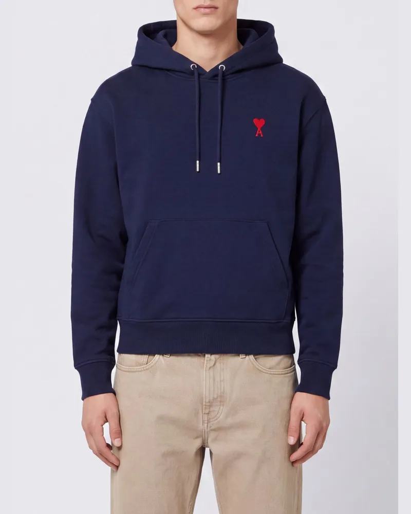 AMI Paris Baumwoll-Hoodie mit gesticktem Logo und Kängurutasche Blau