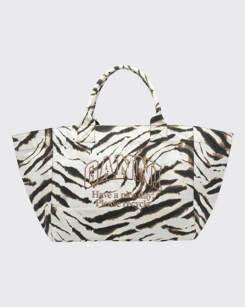 Ganni XXL Tote Bag aus recycelter Baumwolle mit Zebra-Print und Logo Weiß