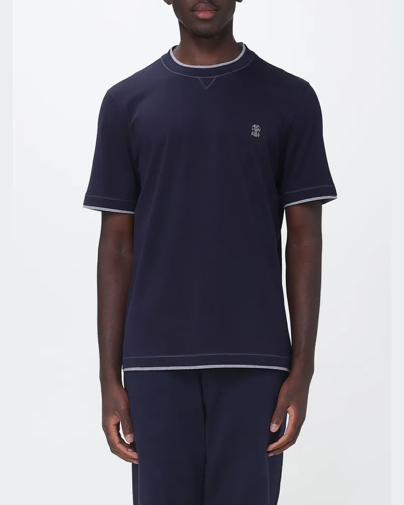Brunello Cucinelli Schmal geschnittenes Baumwoll-T-Shirt mit Kontrastlogo und -besätzen Navy