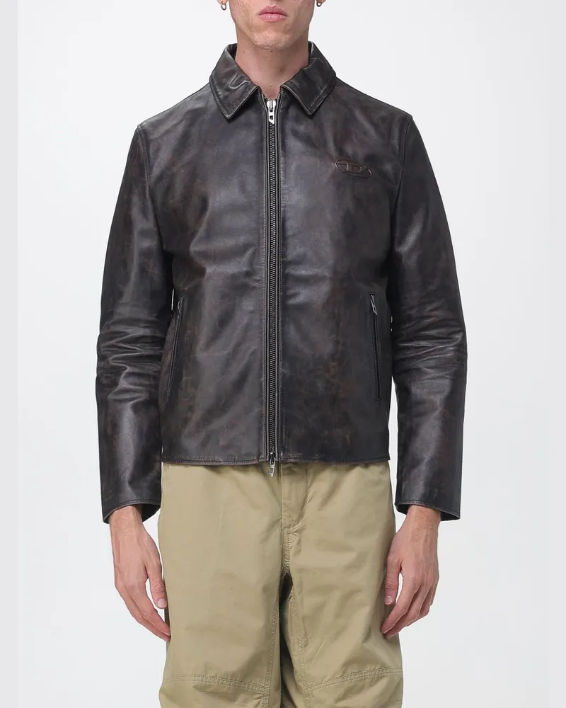 Diesel Lederjacke L-Amar mit klassischem Kragen und Reißverschluss Schwarz