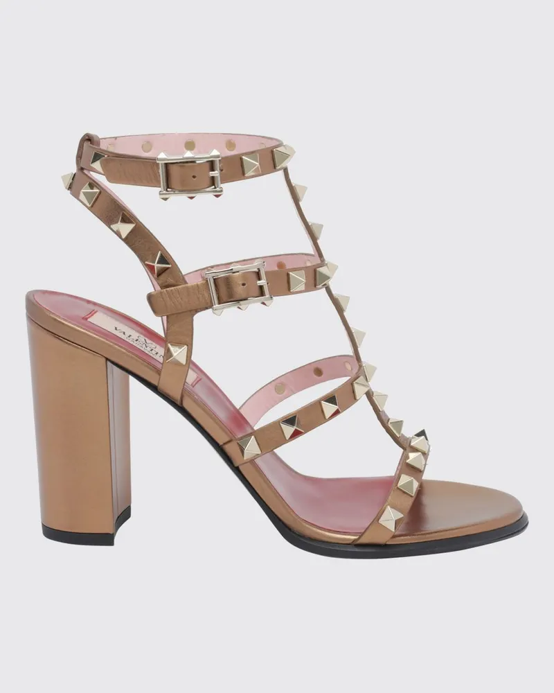 Valentino Garavani Rockstud T-Strap-Sandalen aus Leder mit hohem Absatz und Nieten Gold