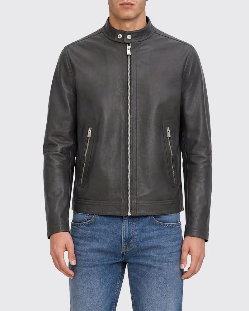 HUGO BOSS Kurze Leder-Bikerjacke mit Biker-Kragen und Metallreißverschlüssen Braun