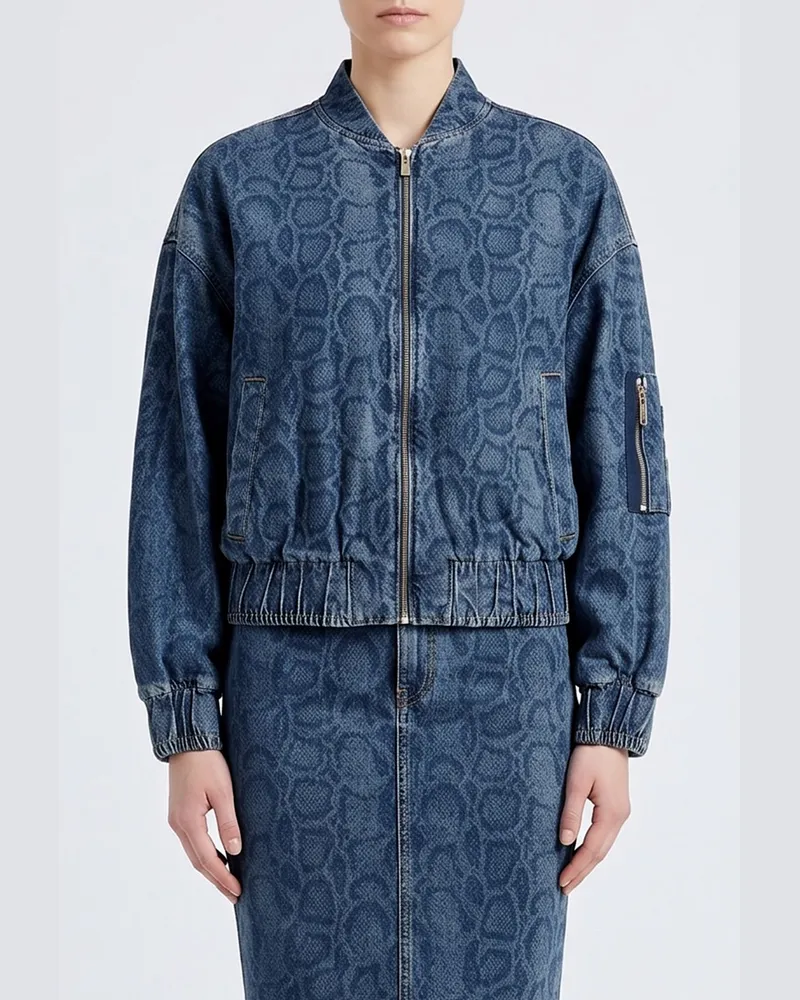 Liu Jo Baumwoll-Denim-Bomberjacke mit Kristallen und Animalier-Stickerei Blau