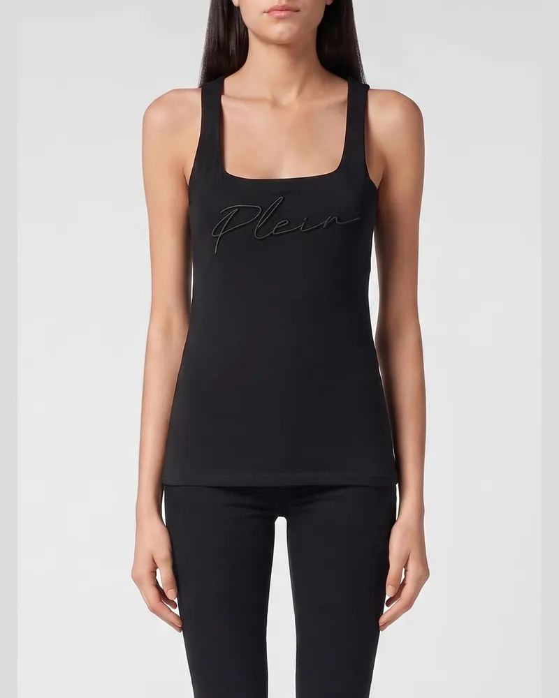 Philipp Plein Slim Fit Jersey-Top von mit quadratischem Ausschnitt und gesticktem Logo Schwarz