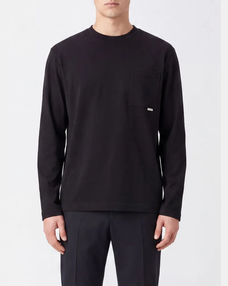 Jil Sander Langärmeliges Baumwoll-T-Shirt von mit aufgesetzter Tasche Schwarz