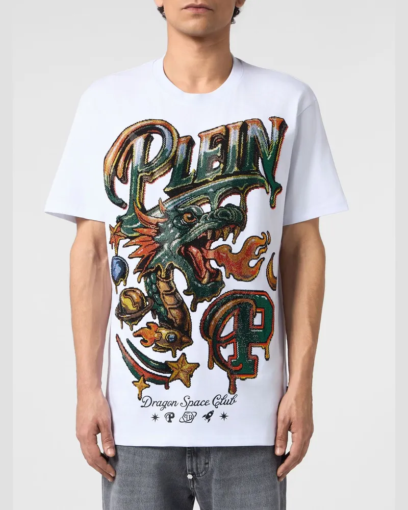 Philipp Plein Weißes Baumwoll-T-Shirt von mit Grafikdruck und Strass Weiß